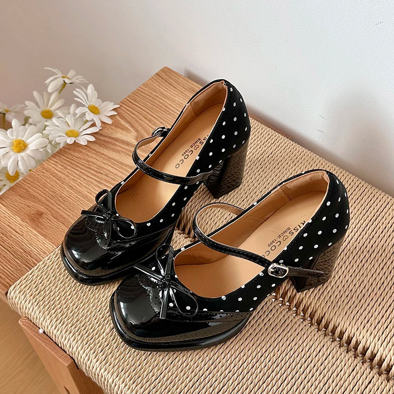 Platform Block Heels Polka Dot Women Mary Jane Shoes Concise Ankle Strap Shoes Spring Women's Elegant Butterfly-knot Dress Pumps