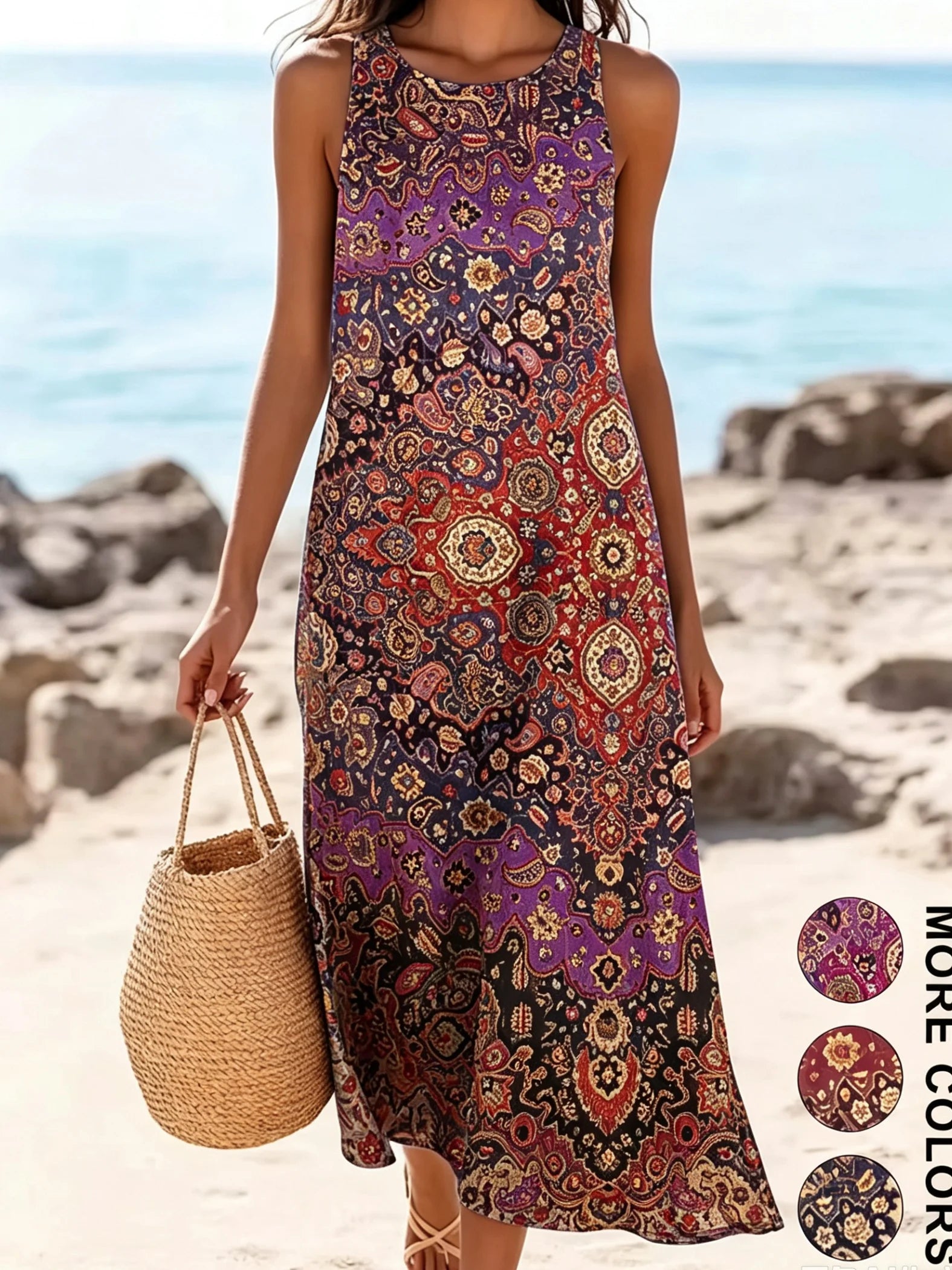 2026 Women's Sleeveless Bohemian Floral Casual Beach MIDI Sundress With Pockets Flowing and Loose Sweetheart Rustic Country