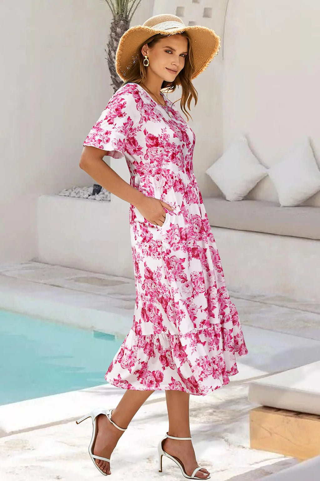 Women Summer Dress Floral Short Sleeve Casual Swing Midi Dress With Pockets