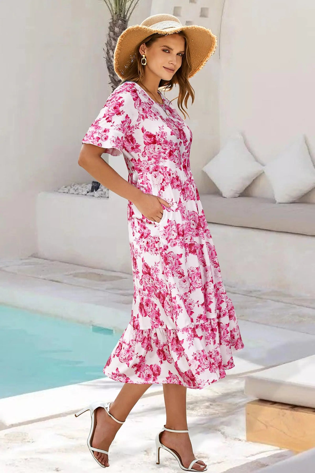 Women Summer Dress Floral Short Sleeve Casual Swing Midi Dress With Pockets