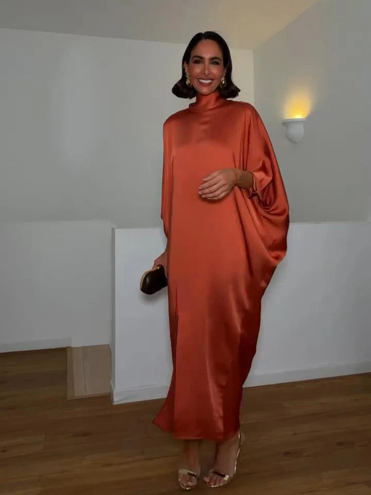 Solid Satin Maxi Dress Women Chic High Neck Batwing Sleeve Front Slit Loose Fit Dresses 2026 Summer Elegant Evening Party Gown
