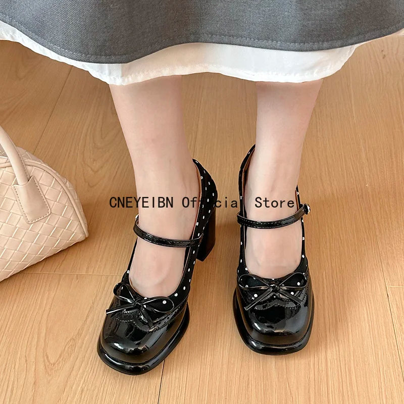 Platform Block Heels Polka Dot Women Mary Jane Shoes Concise Ankle Strap Shoes Spring Women's Elegant Butterfly-knot Dress Pumps