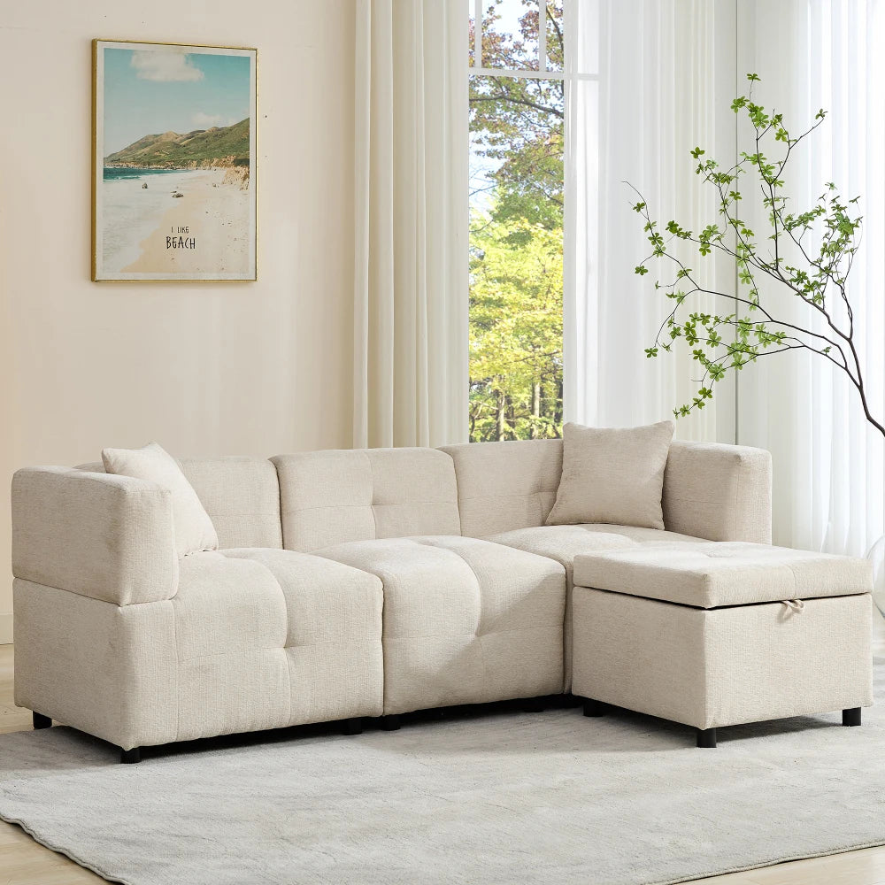 PINOOG L-Shaped Couch Sofa, Corner Sofa 3 Seater Sofa, Sectional Sofa Couches With USB, Cup Holder, For Apartment Living Room (Beige)