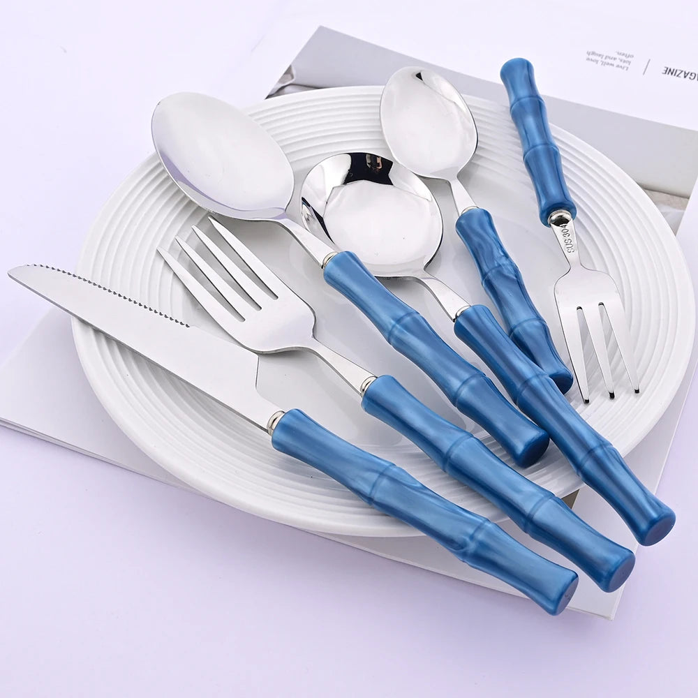 4Pcs Imitation Bamboo Handle Dinnerware Set Knife Fork Spoon Tableware Set Stainless Steel Cutlery Kitchen Flatware