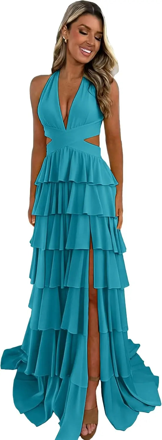 Customized Halter Tiered Ruffle Prom Dresses for Women 2026 Strapless Chiffon Long Formal Evening Party Gowns with Slit