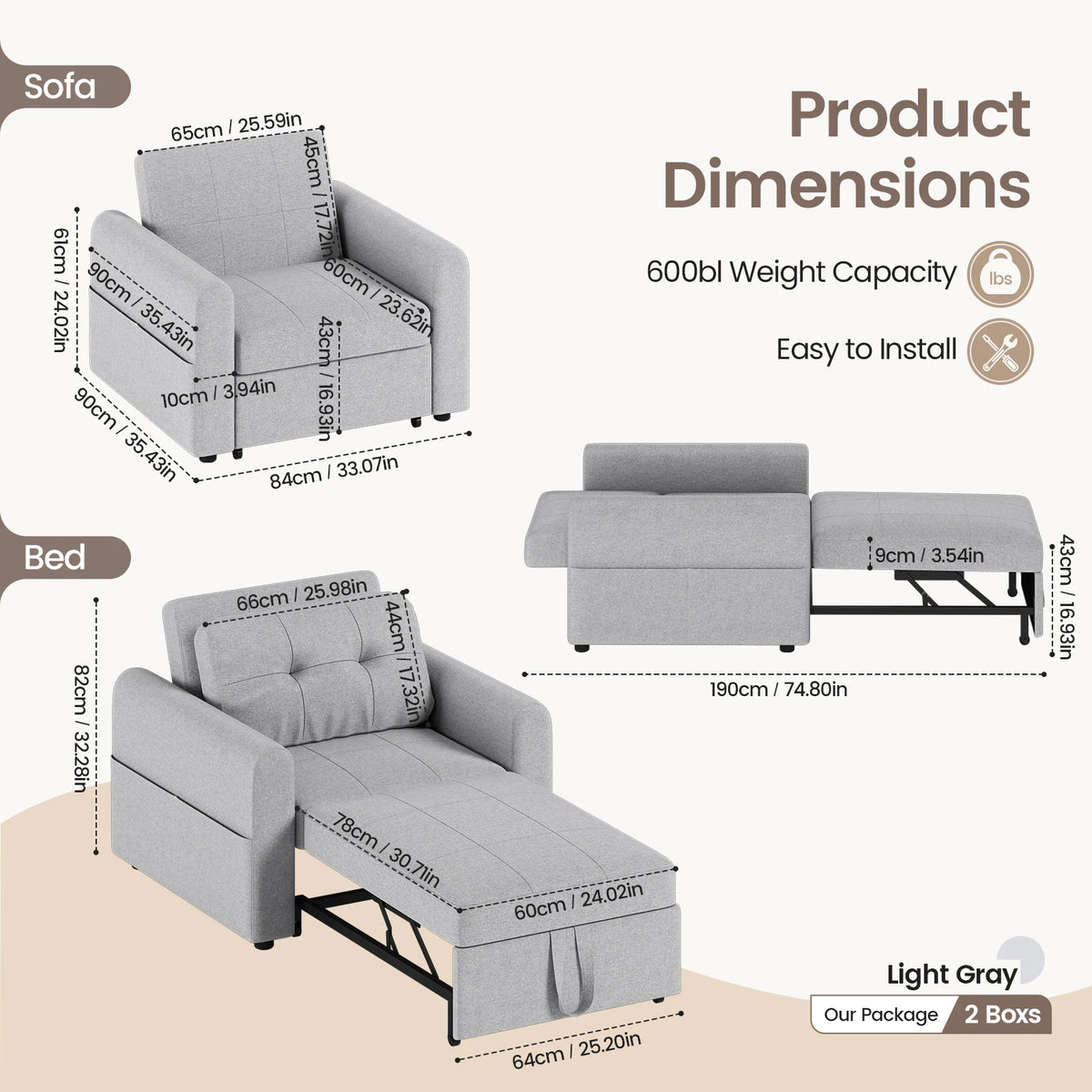 Single Sofa Bed, 3-in-1 Convertible Pull Out Sleeper Sofa Bed Chair with USB Ports & Side Pocket for Living Room, Guest Room