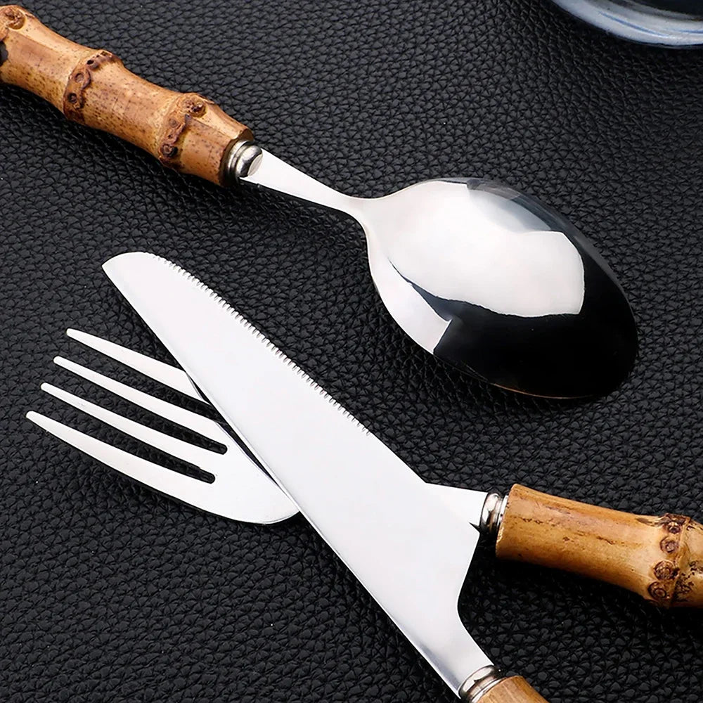 16pcs Cutlery Set Stainless Steel Natural Bamboo Handle Dinnerware Kitchen Flatware Includes Forks Spoons Knives Tableware