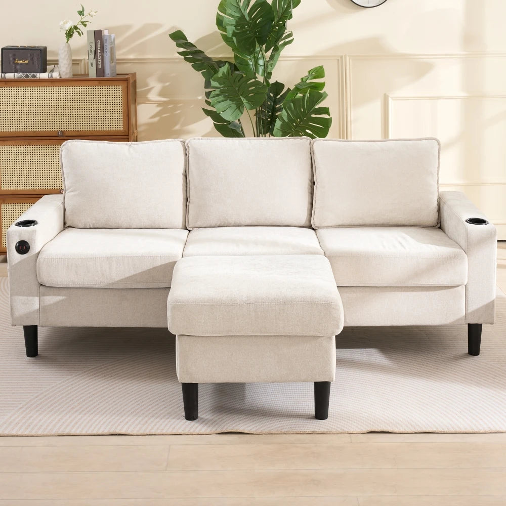 PINOOG L-Shaped Couch Sofa, Corner Sofa 3 Seater Sofa, Sectional Sofa Couches With USB, Cup Holder, For Apartment Living Room (Beige)