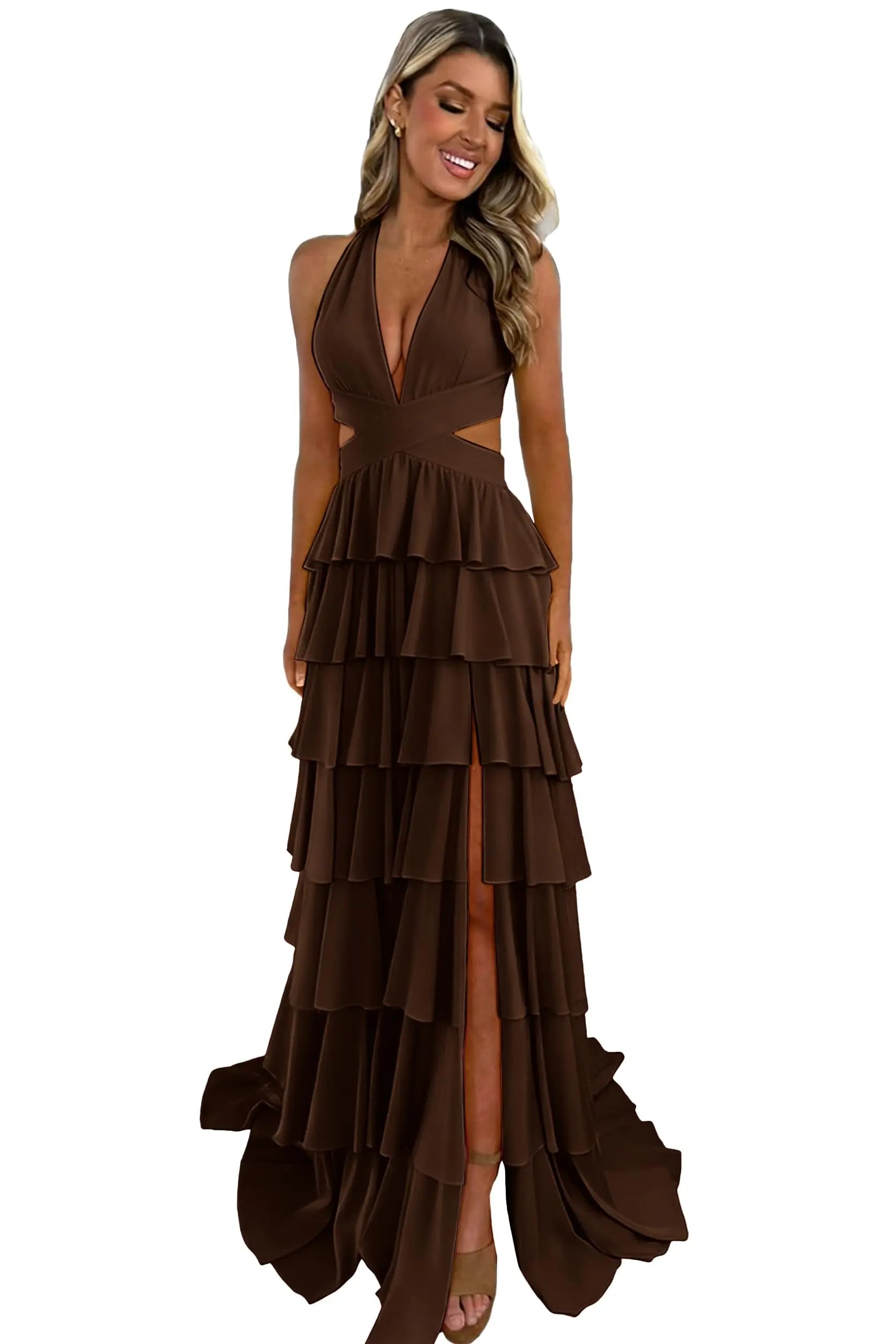 Customized Halter Tiered Ruffle Prom Dresses for Women 2026 Strapless Chiffon Long Formal Evening Party Gowns with Slit