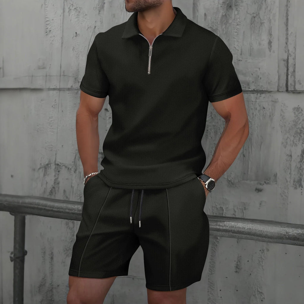 2026 Men Europe and the United States new summer Waffle solid color zip-up lapel short-sleeve suit shorts two sets