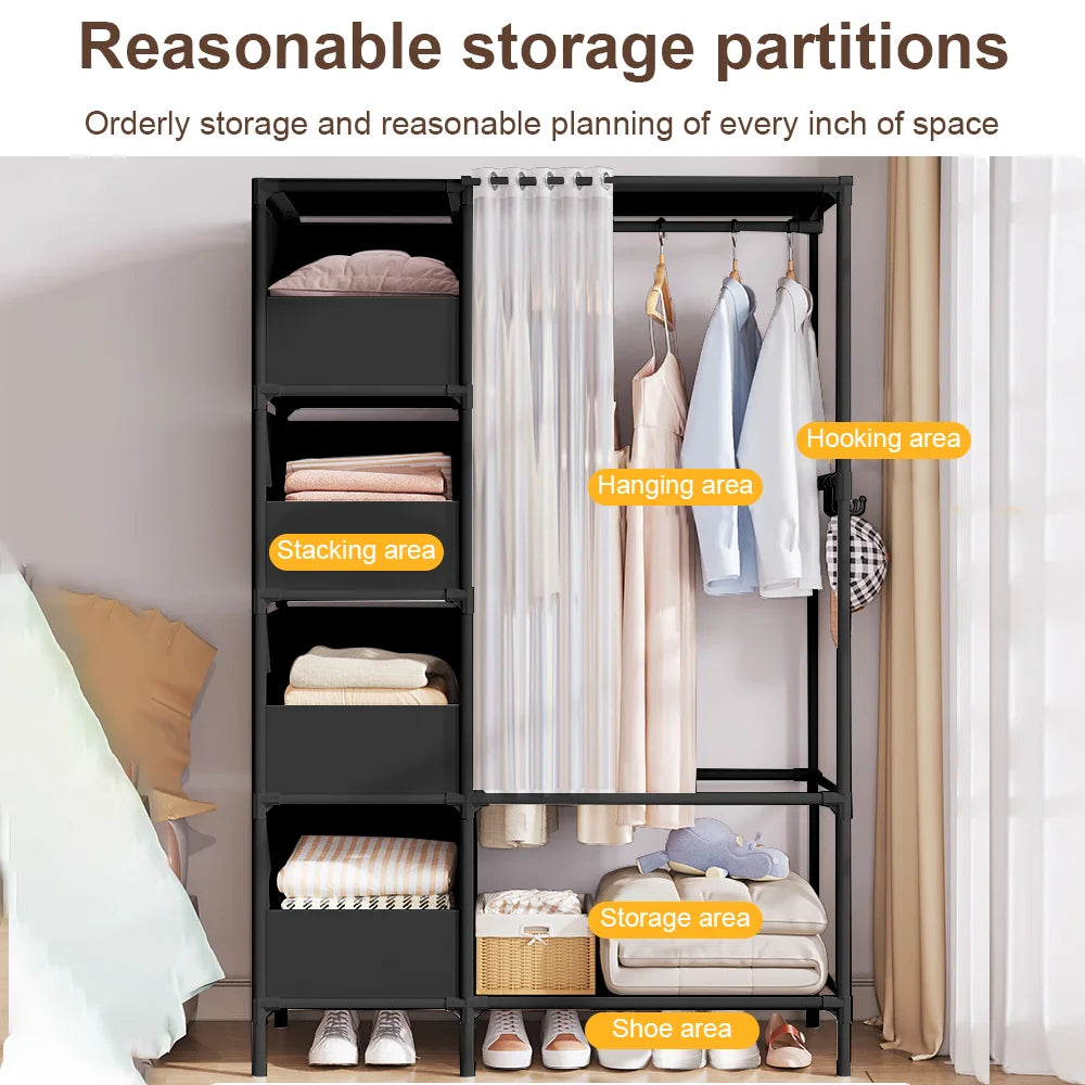 Floor-Standing Simple Wardrobes with Drawers Large Capacity Bedroom Open Storage Cabinet Dustproof Closet Rack