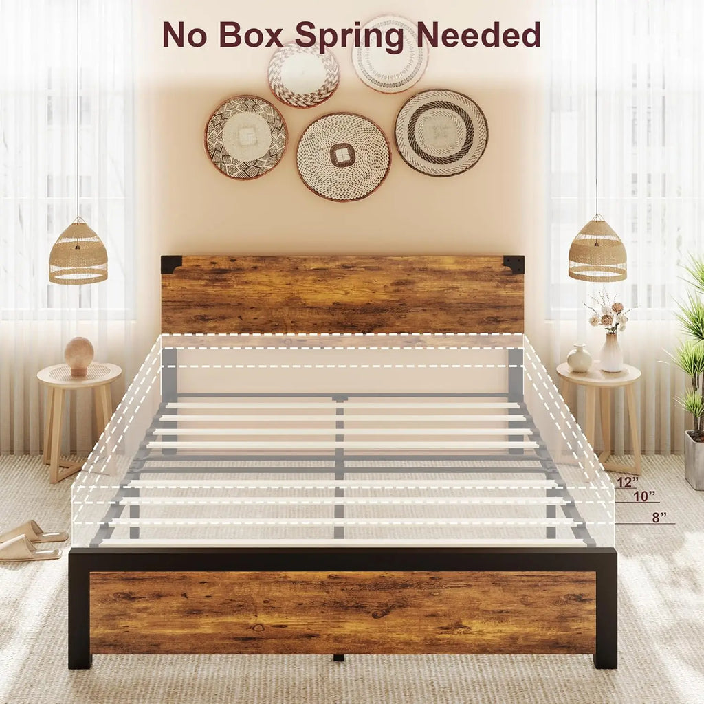 UK King Size Bed with Wooden Headboard, Platform King Bed Frame with Under-Bed Storage and Metal Legs, Noise-Free, No Box Spring