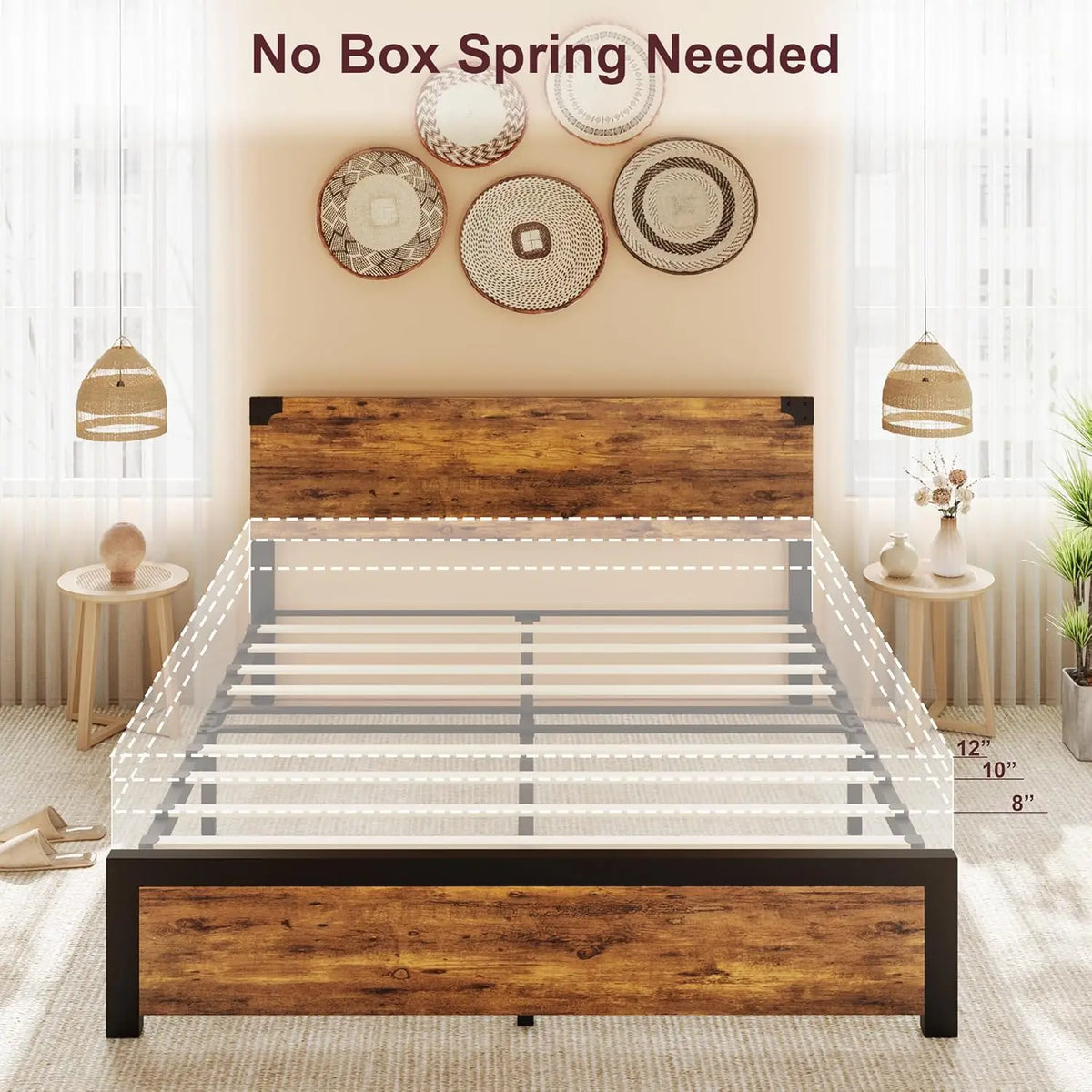UK King Size Bed with Wooden Headboard, Platform King Bed Frame with Under-Bed Storage and Metal Legs, Noise-Free, No Box Spring
