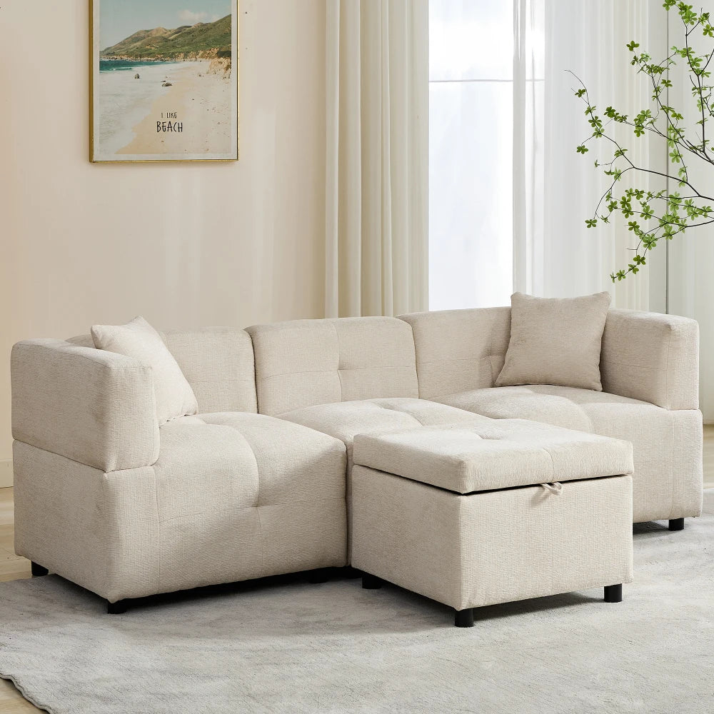 PINOOG L-Shaped Couch Sofa, Corner Sofa 3 Seater Sofa, Sectional Sofa Couches With USB, Cup Holder, For Apartment Living Room (Beige)