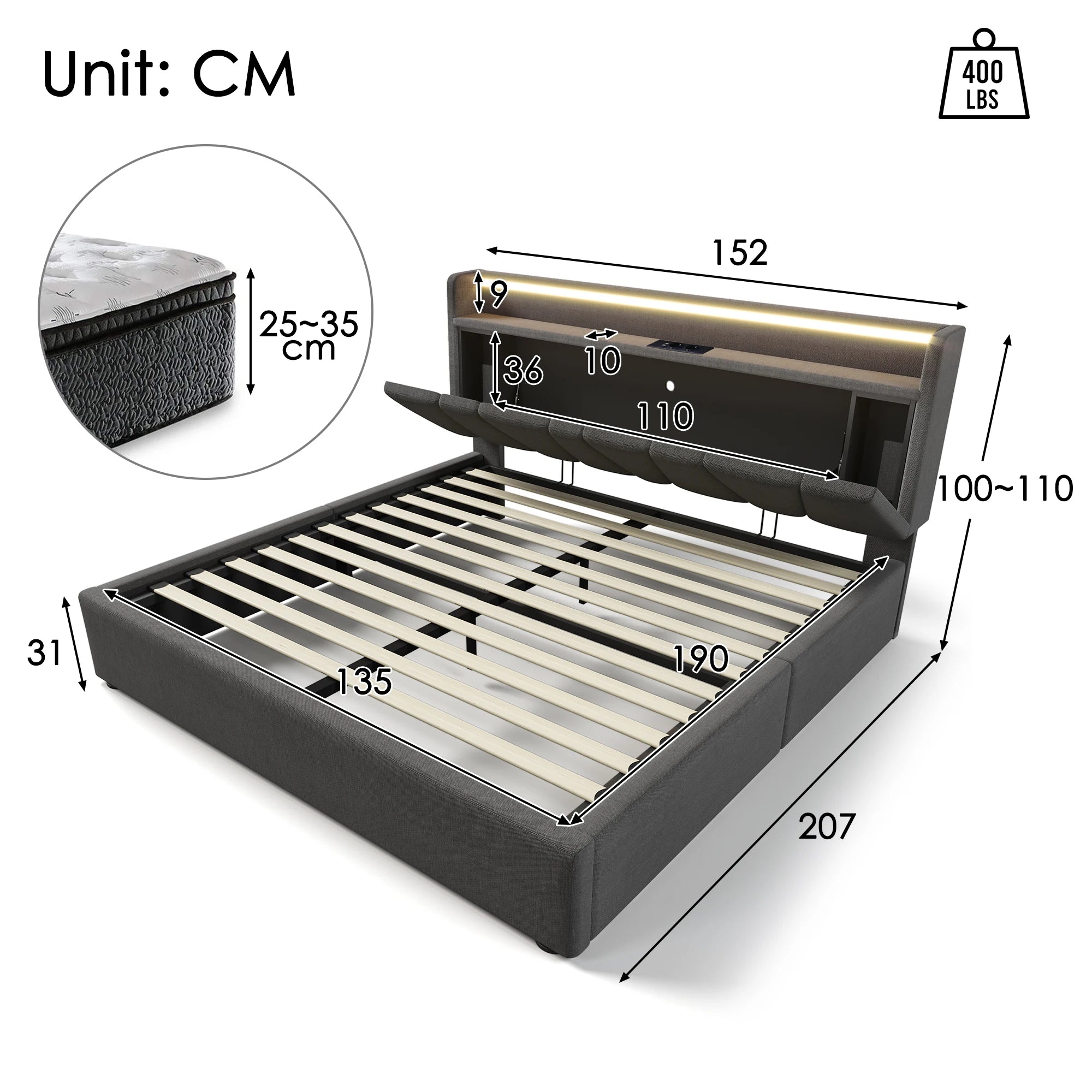 PINGGO Upholstered Double Bed with USB Charging Storage Headboard LED Lighting Bed Frame Wooden Slatted Grey (No Mattress)