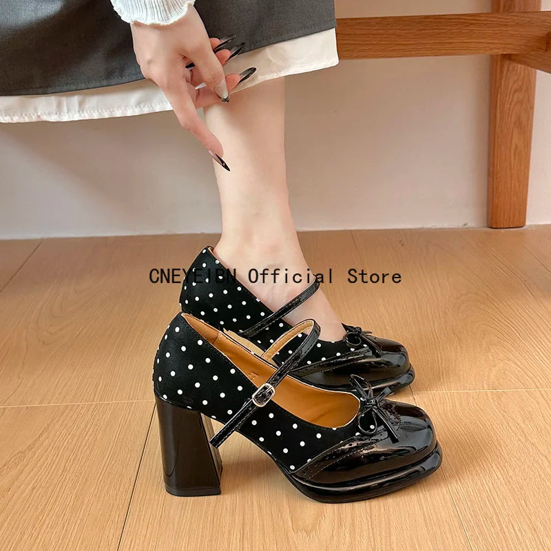 Platform Block Heels Polka Dot Women Mary Jane Shoes Concise Ankle Strap Shoes Spring Women's Elegant Butterfly-knot Dress Pumps