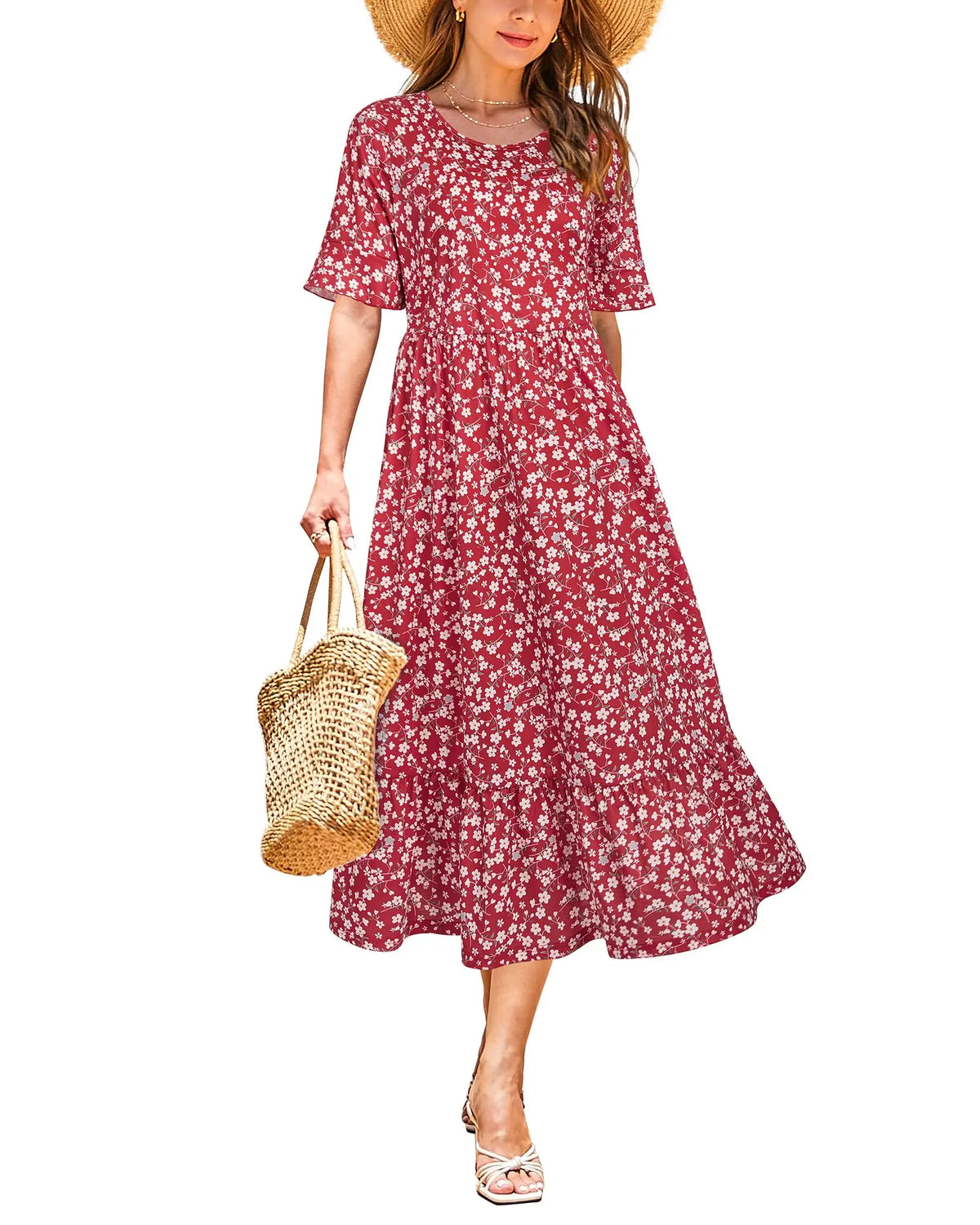 Women Summer Dress Floral Short Sleeve Casual Swing Midi Dress With Pockets