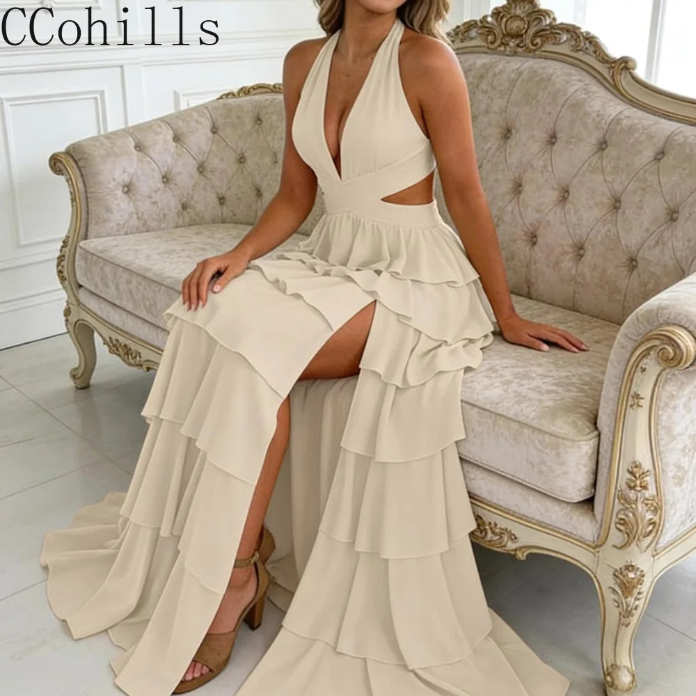 Customized Halter Tiered Ruffle Prom Dresses for Women 2026 Strapless Chiffon Long Formal Evening Party Gowns with Slit