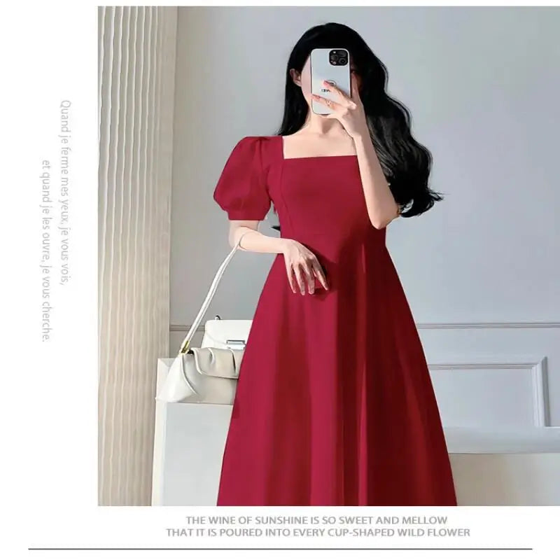 Retro women's long dress party ball bubble sleeves square collar temperament slim fit long dress summer clothing