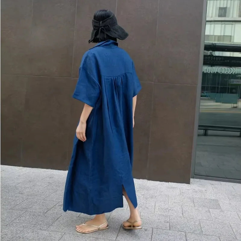 Women V‑Neck Midi Long Dress Short Sleeve Loose Dress With Pockets Casual Vacation Daily Streetwear Ladies Baggy Maxi Dresses