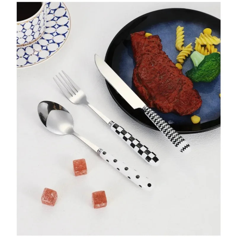 Korean Dotted Retro Stainless Steel Tableware 4-Piece Set, Western Steak Fork & Butter Spoon Household Dinner Cutlery Set
