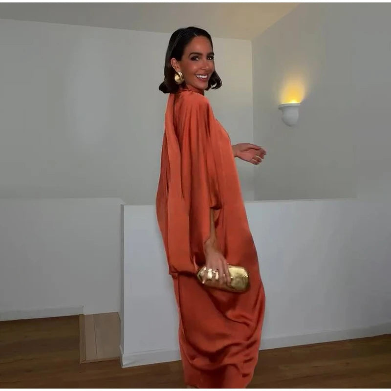 Solid Satin Maxi Dress Women Chic High Neck Batwing Sleeve Front Slit Loose Fit Dresses 2026 Summer Elegant Evening Party Gown
