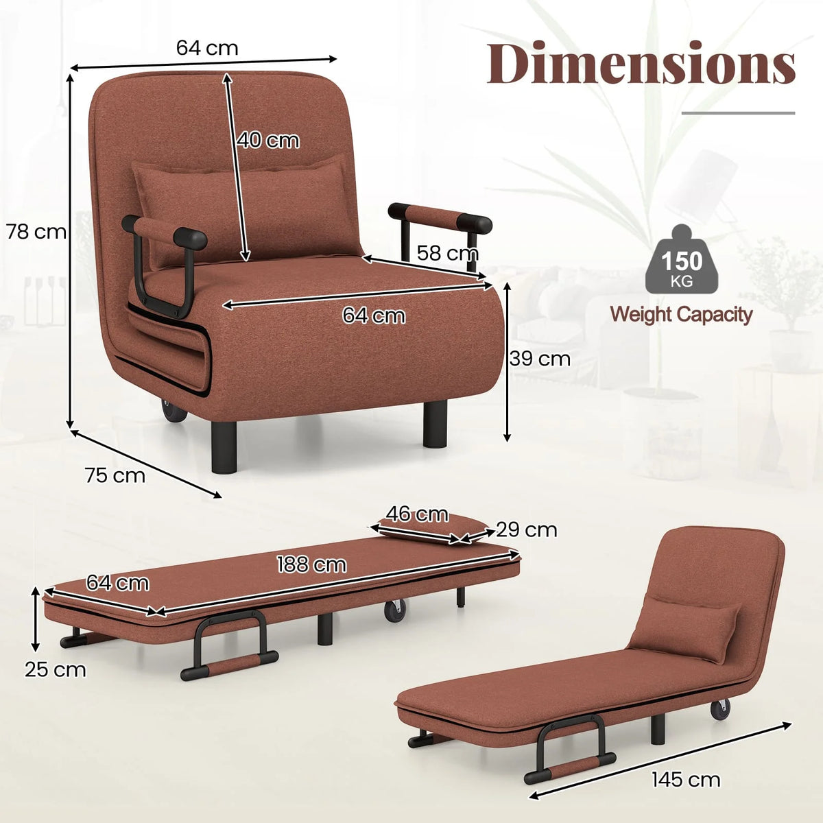 GOFLAME Single Folding Sofa Bed Chair Modern Fabric Sleep Function Holder With Pillow