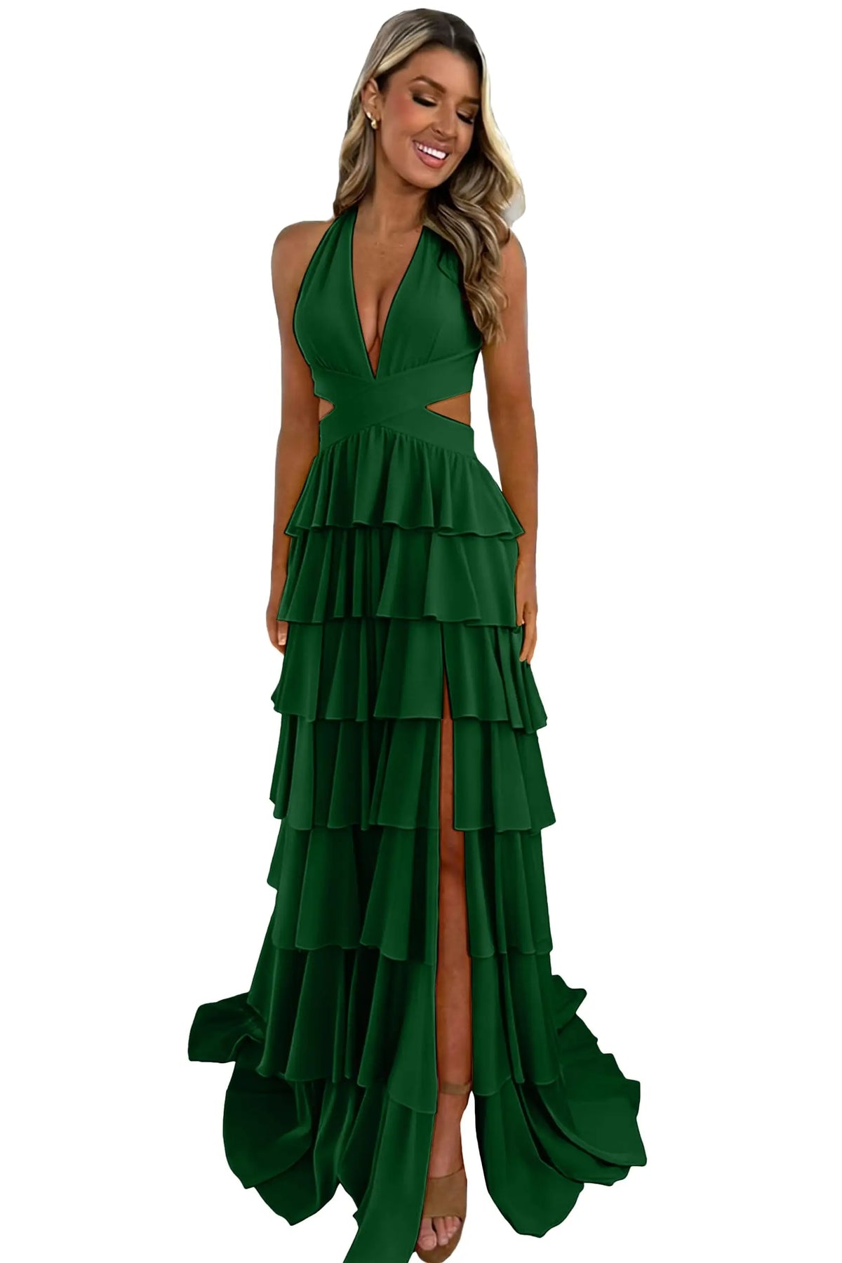 Customized Halter Tiered Ruffle Prom Dresses for Women 2026 Strapless Chiffon Long Formal Evening Party Gowns with Slit