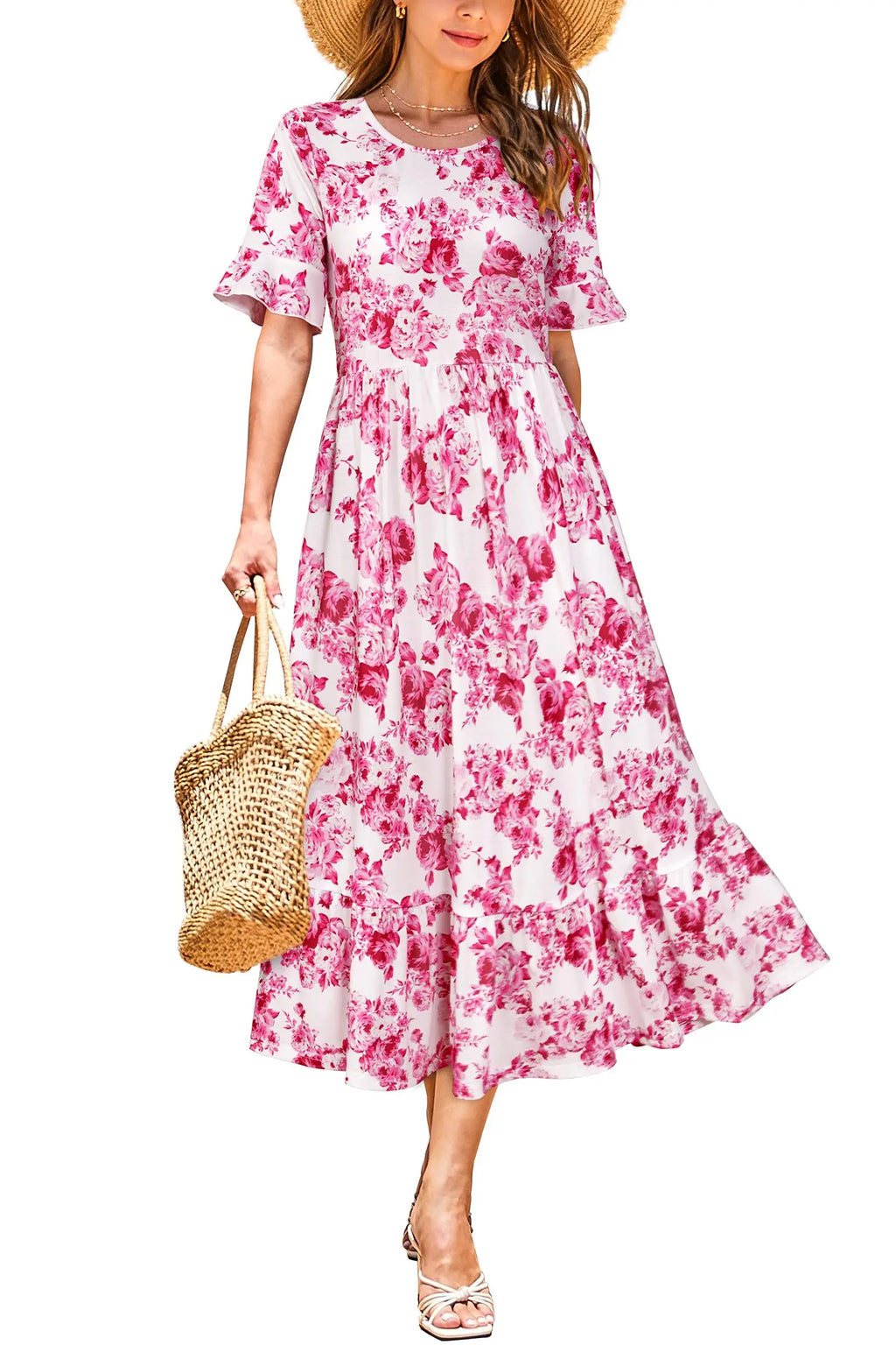Women Summer Dress Floral Short Sleeve Casual Swing Midi Dress With Pockets