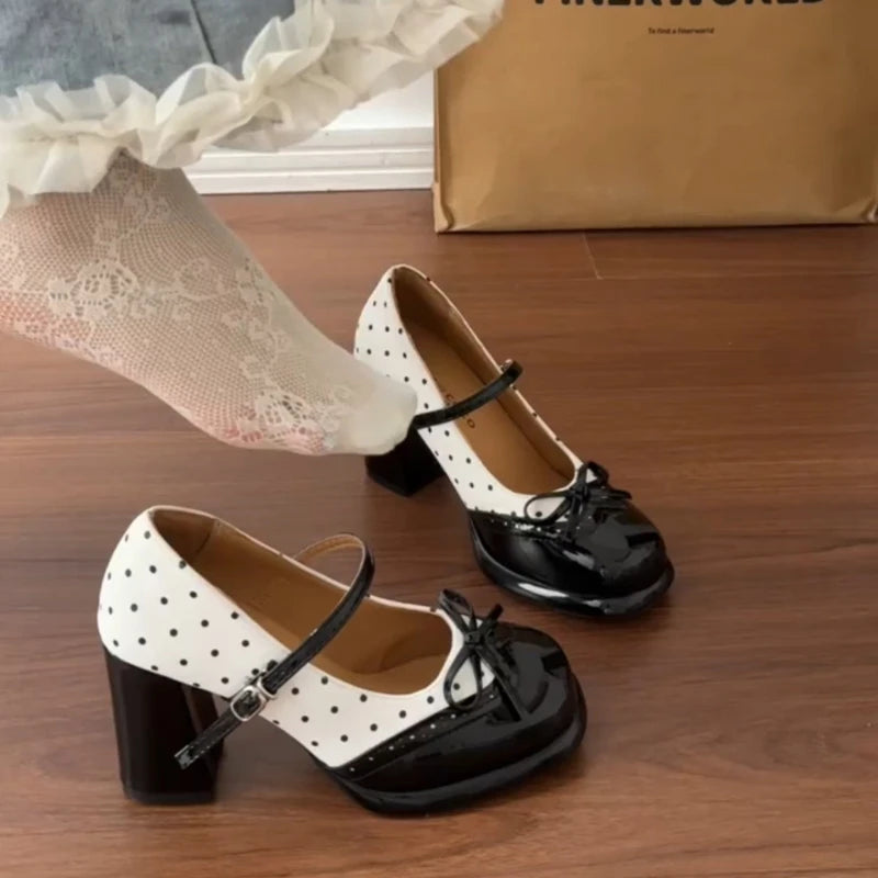 Platform Block Heels Polka Dot Women Mary Jane Shoes Concise Ankle Strap Shoes Spring Women's Elegant Butterfly-knot Dress Pumps