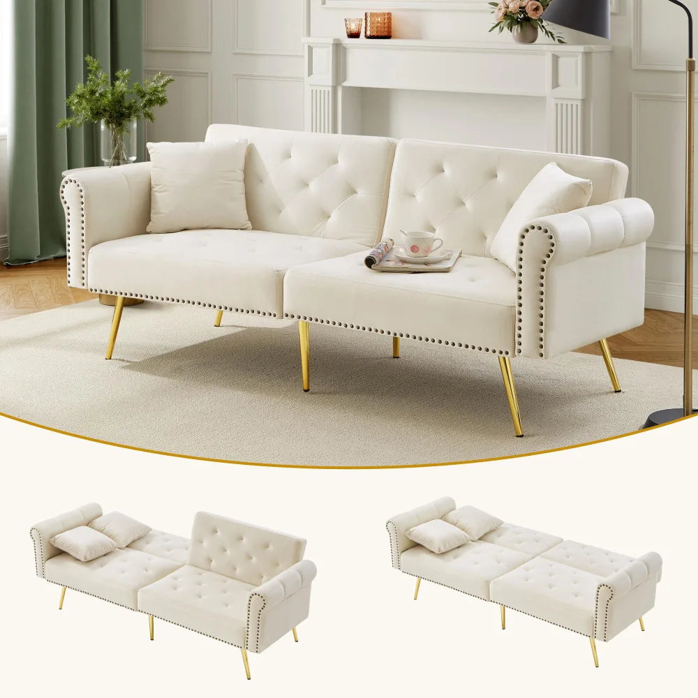 PINGGO Modern 2-Seater Sofa Bed – Velvet Upholstery, 3-Stage Adjustable Backrest & Gold-Plated Metal Feet Stylish Sofa