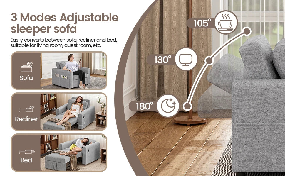 Single Sofa Bed, 3-in-1 Convertible Pull Out Sleeper Sofa Bed Chair with USB Ports & Side Pocket for Living Room, Guest Room