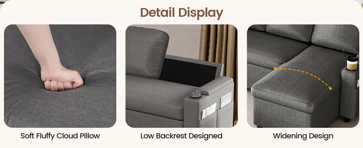 Sofa Bed, L-Shaped Sleeper Sectional Couch Bed,2-in-1 Convertible Pull Out Corner Sofa with Storage, USB, Cup Holder