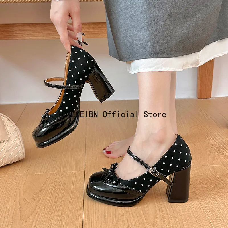 Platform Block Heels Polka Dot Women Mary Jane Shoes Concise Ankle Strap Shoes Spring Women's Elegant Butterfly-knot Dress Pumps