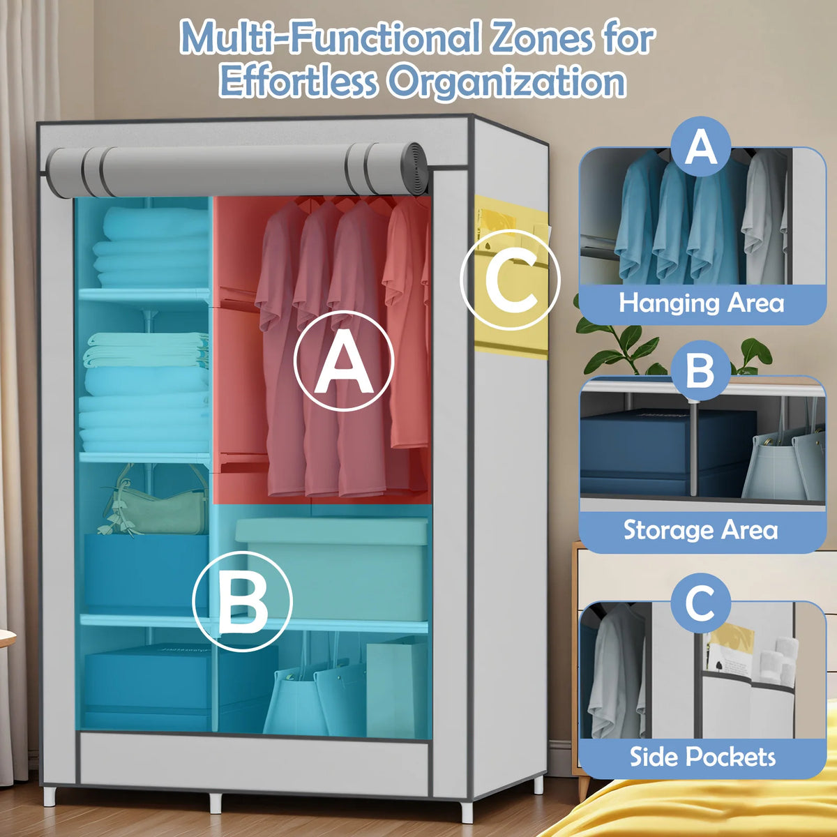 Portable Wardrobe Closet Organizer with Cover Non-Woven Steel Tube Frame 6 Shelves 2 Side Pockets 12mm Easy Assembly for Bedroom