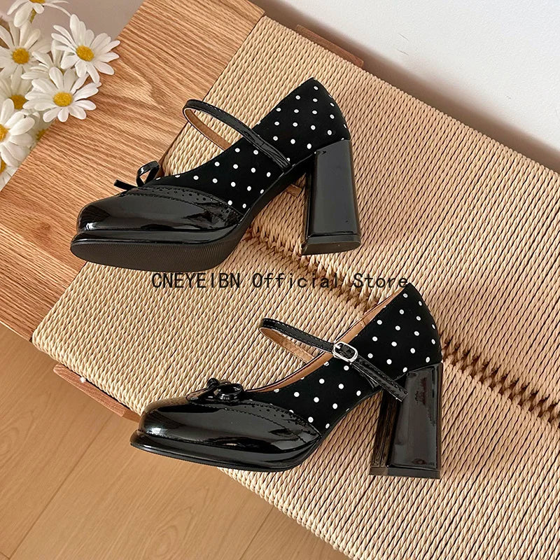 Platform Block Heels Polka Dot Women Mary Jane Shoes Concise Ankle Strap Shoes Spring Women's Elegant Butterfly-knot Dress Pumps
