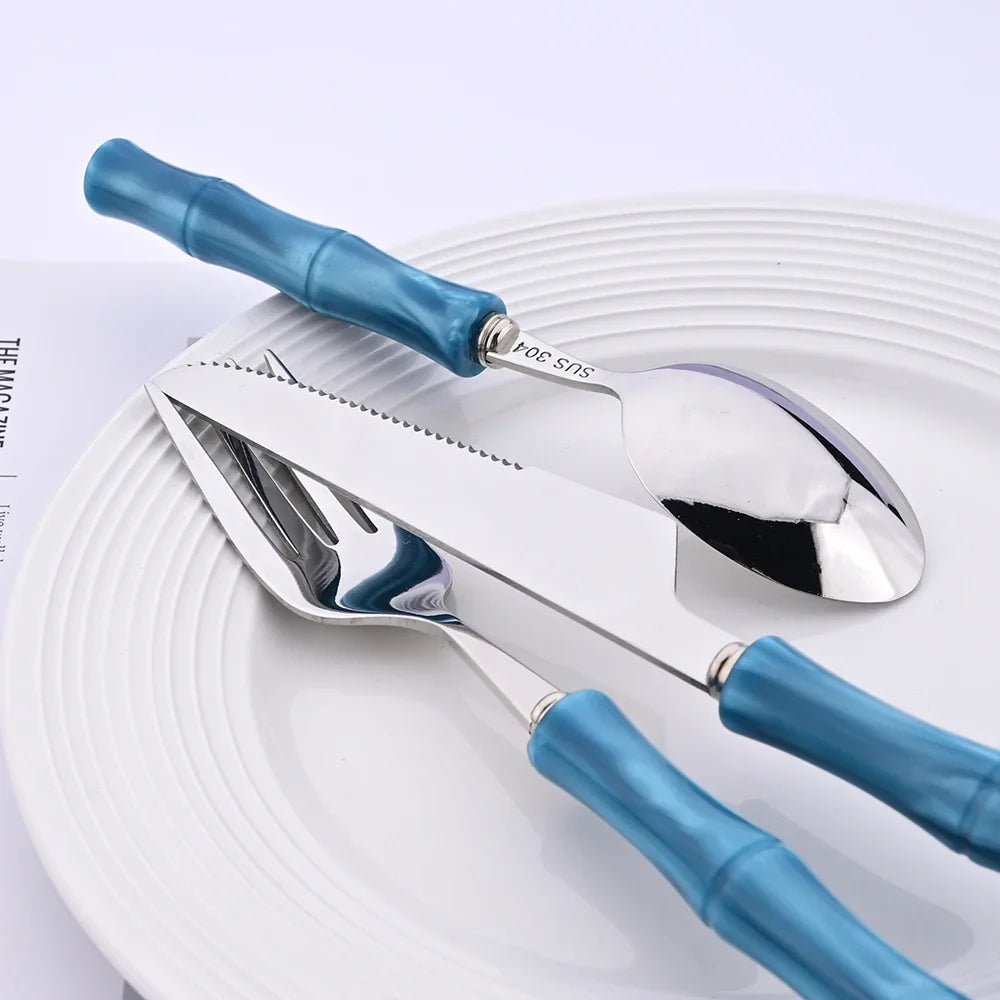 4Pcs Imitation Bamboo Handle Dinnerware Set Knife Fork Spoon Tableware Set Stainless Steel Cutlery Kitchen Flatware