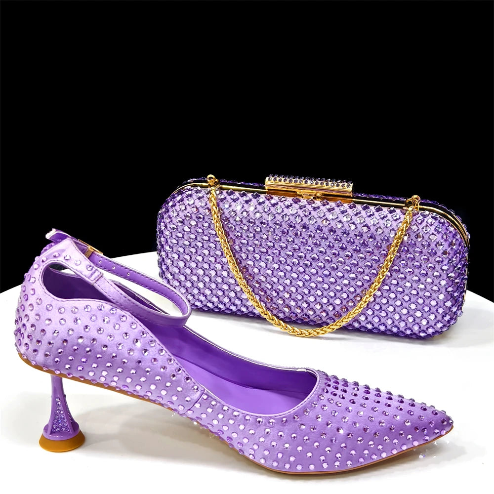 Elegant Light Purple Women's Heels & Handbag Set - Rhinestone-Embellished Shoes for Weddings & Special Occasions - 2026