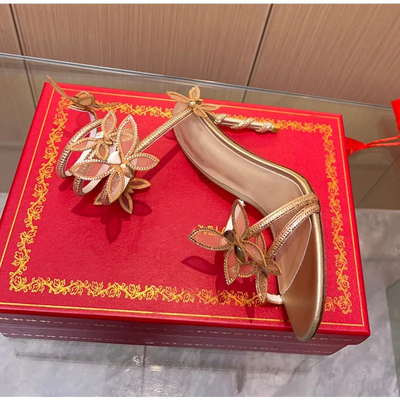 Luxury Crystal Embellished Butterfly Detail Women Sandals Sexy Coiled Strap Thin High heels Gladiator sandals Summer Party Shoes