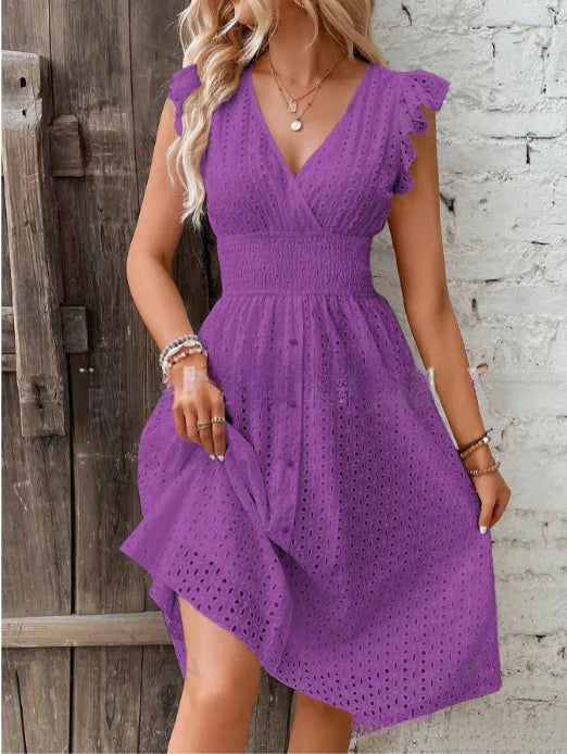 White Lace Fashion Hollow Mini Dress For Women V-Neck Summer Elegant Office Ladies A-Line Dresses Casual Beach Holiday Sundress
