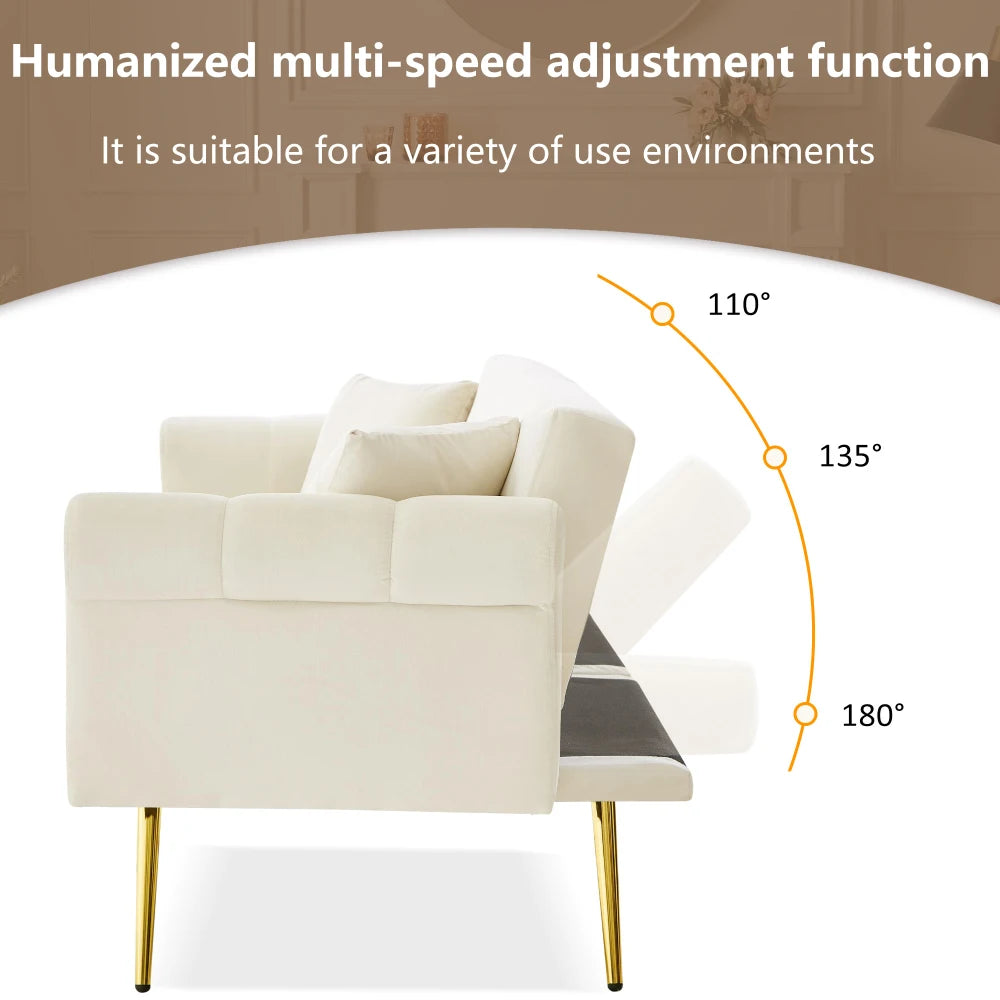 PINGGO Modern 2-Seater Sofa Bed – Velvet Upholstery, 3-Stage Adjustable Backrest & Gold-Plated Metal Feet Stylish Sofa