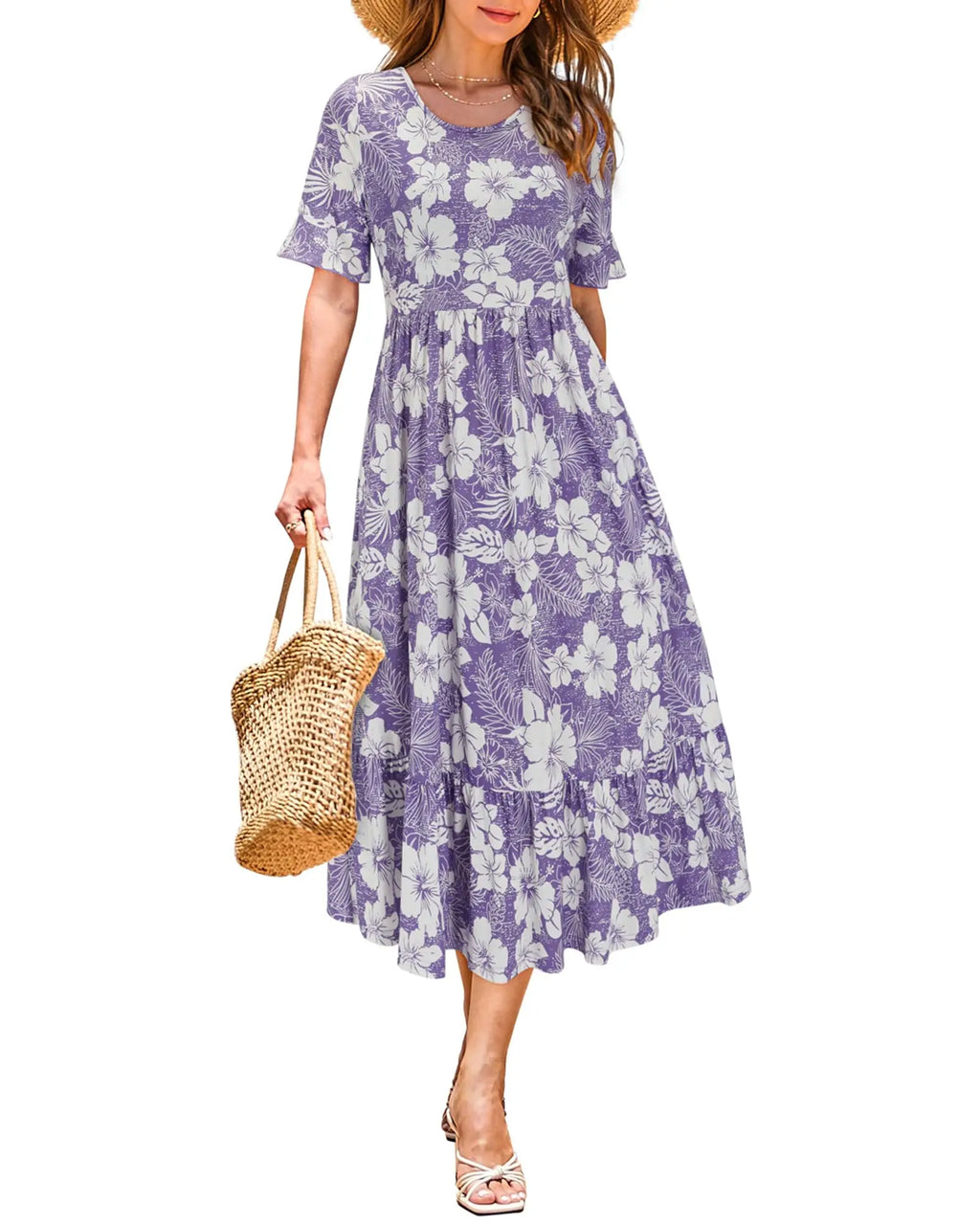 Women Summer Dress Floral Short Sleeve Casual Swing Midi Dress With Pockets