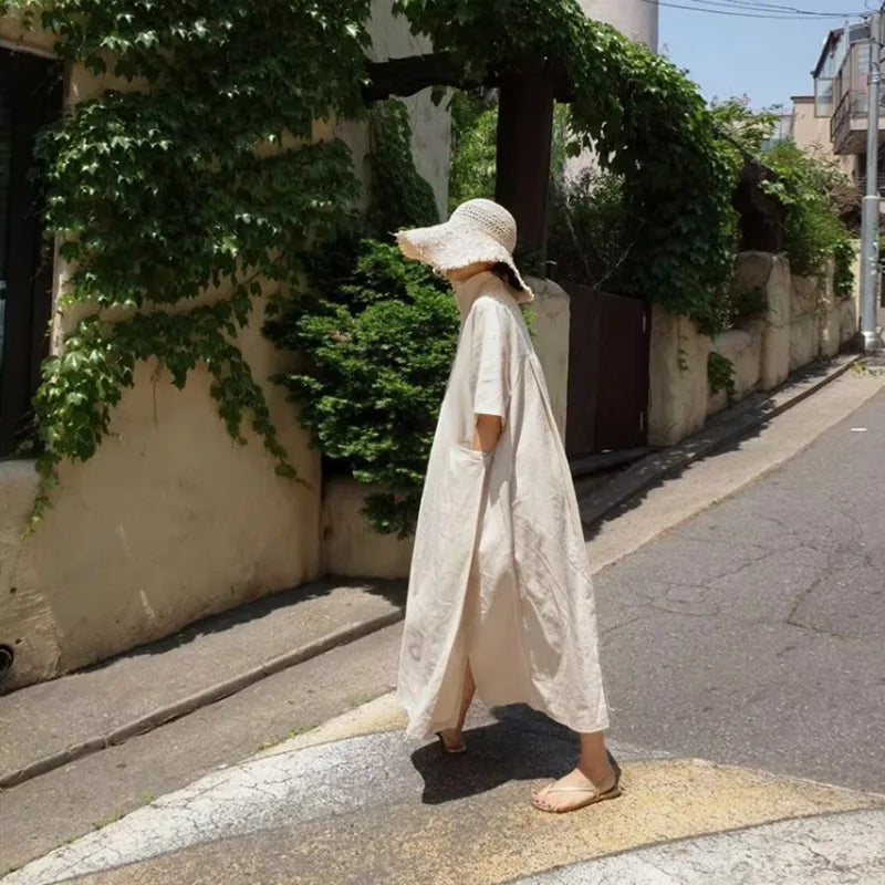 Women V‑Neck Midi Long Dress Short Sleeve Loose Dress With Pockets Casual Vacation Daily Streetwear Ladies Baggy Maxi Dresses