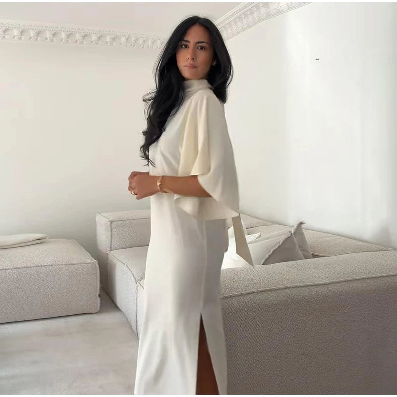 Solid Satin Maxi Dress Women Chic High Neck Batwing Sleeve Front Slit Loose Fit Dresses 2026 Summer Elegant Evening Party Gown
