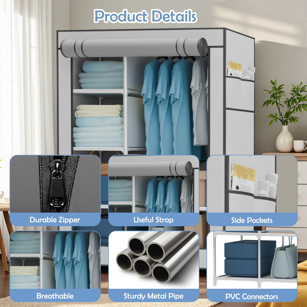 Portable Wardrobe Closet Organizer with Cover Non-Woven Steel Tube Frame 6 Shelves 2 Side Pockets 12mm Easy Assembly for Bedroom