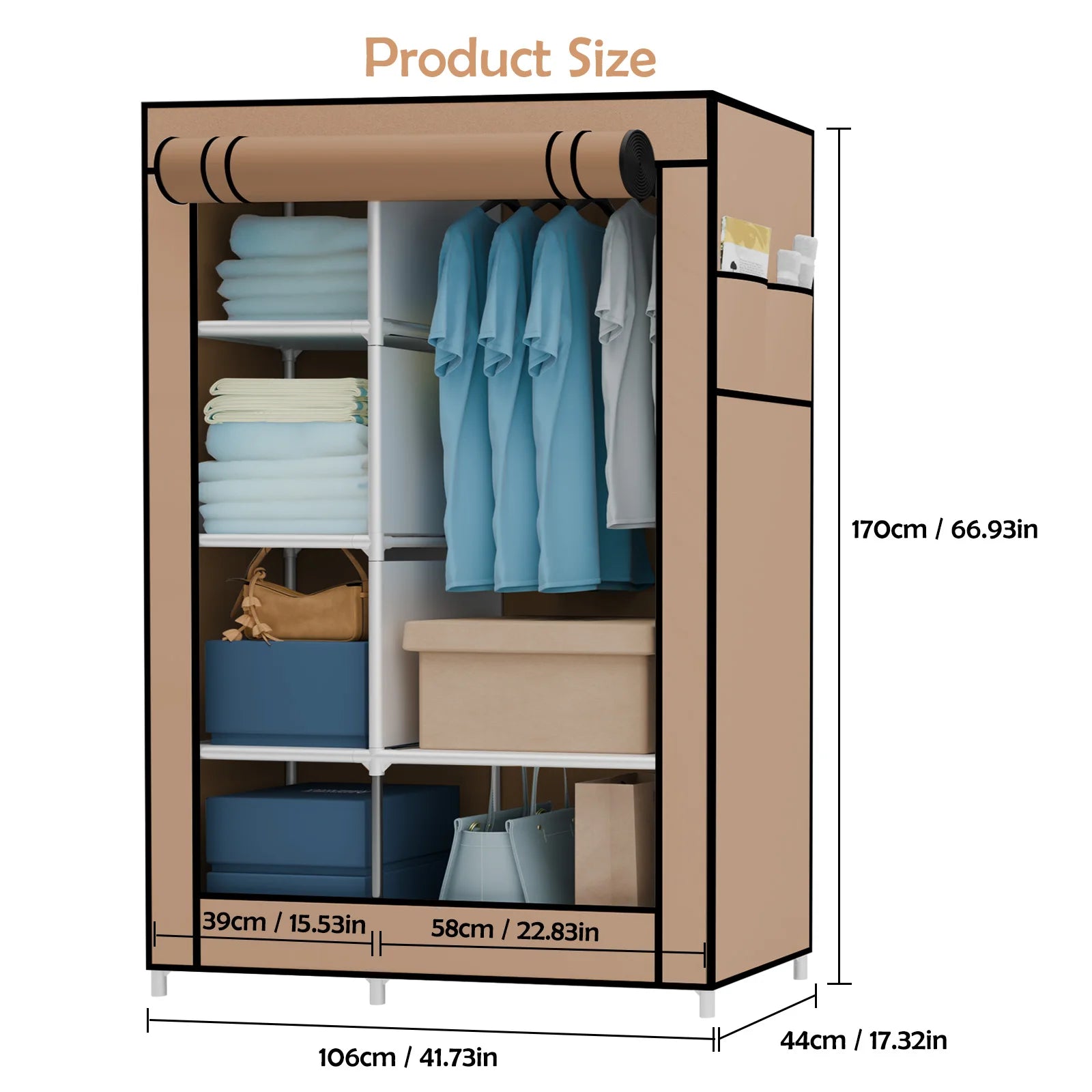 Portable Wardrobe Closet Organizer with Cover Non-Woven Steel Tube Frame 6 Shelves 2 Side Pockets 12mm Easy Assembly for Bedroom