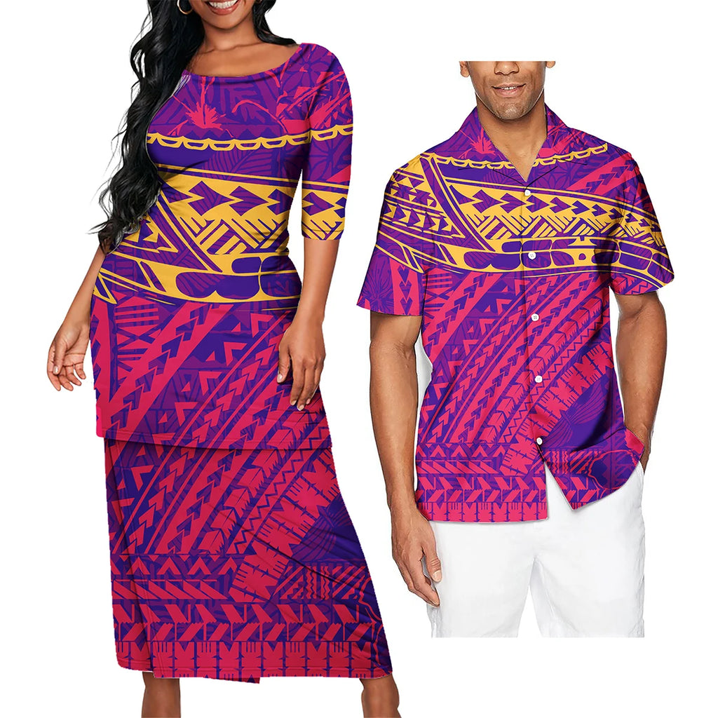 Polynesian Tribal Clothing Set Samoan Print Couple Clothing Set 2024 Girl's Party Casual Dresses Women Ladies Match Men Shirts