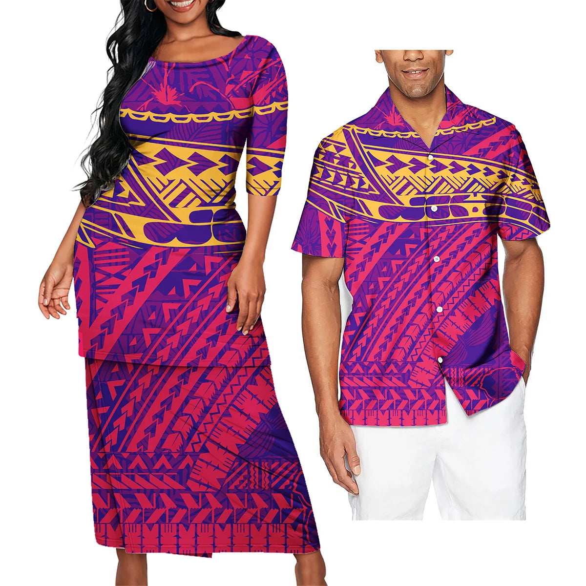 Polynesian Tribal Clothing Set Samoan Print Couple Clothing Set 2024 Girl's Party Casual Dresses Women Ladies Match Men Shirts