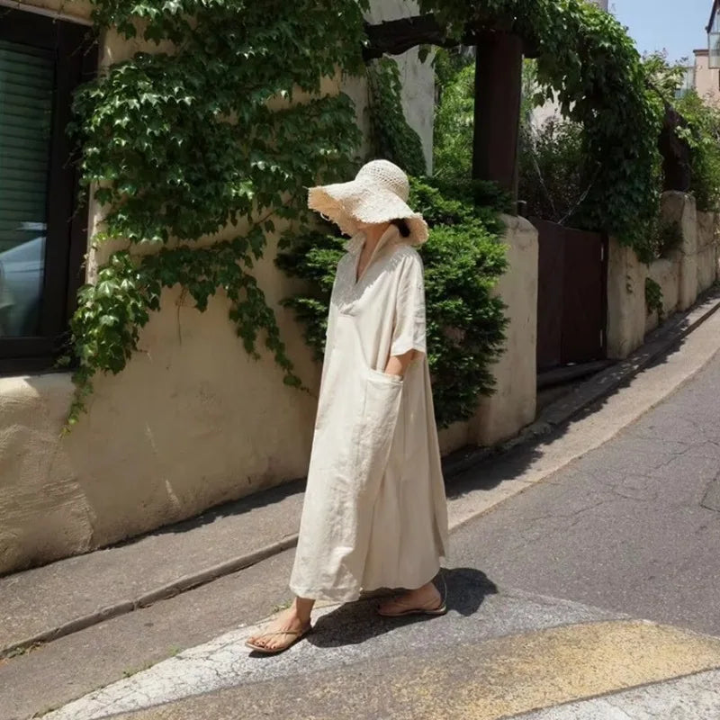 Women V‑Neck Midi Long Dress Short Sleeve Loose Dress With Pockets Casual Vacation Daily Streetwear Ladies Baggy Maxi Dresses