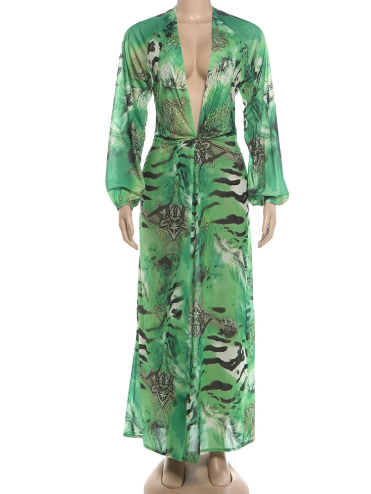 Sisterlinda Backless Long Dress Woman Autumn Trend Deep V-Neck Tiger Stripe Print Lantern Sleeve Beach Party Elegant Vestidos